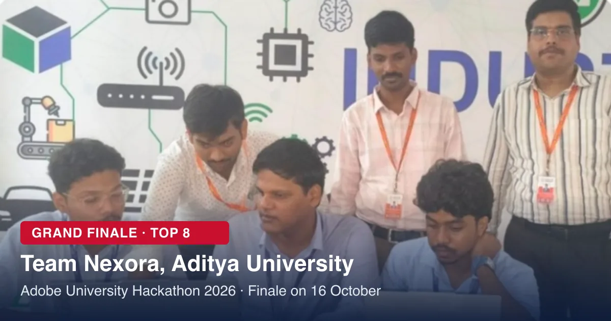 Team Nexora students from Aditya University working on laptops with faculty members standing behind them