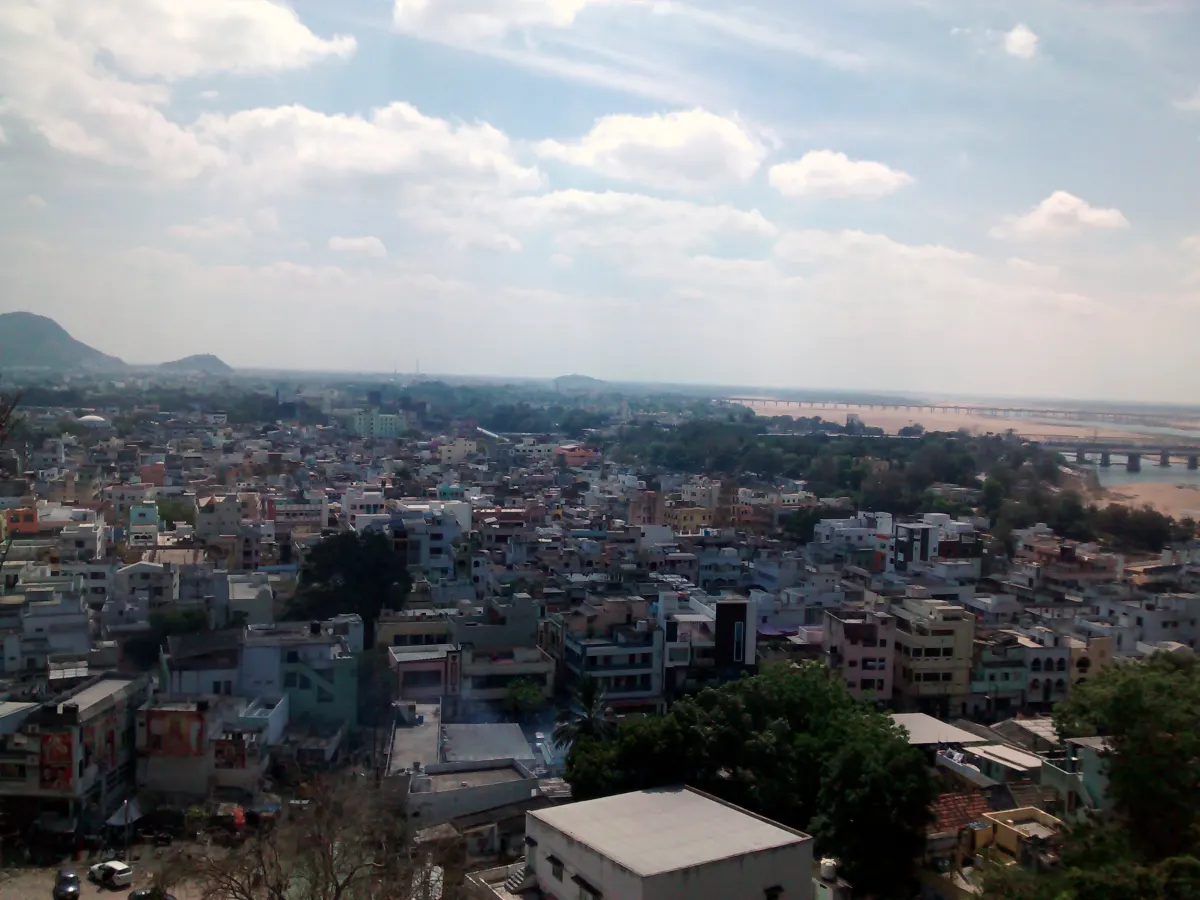 Vijayawada city spread along the Krishna river, seen from the Kanakadurga temple hill