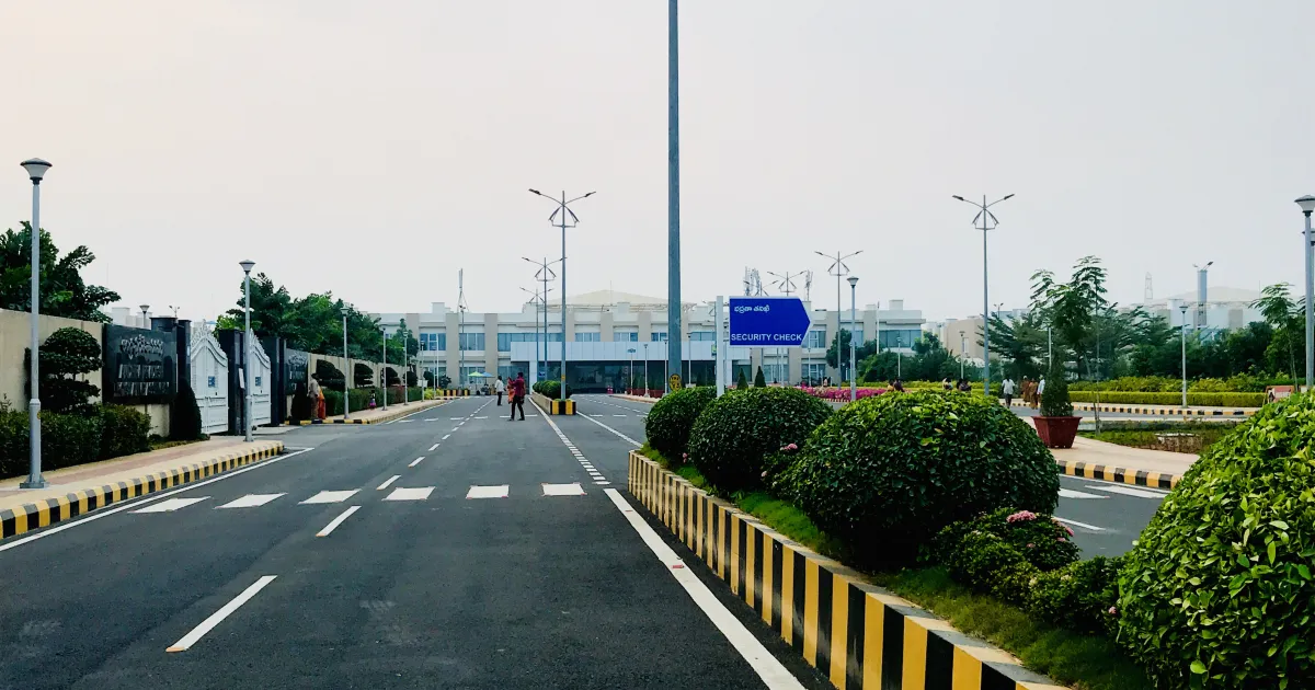Andhra Pradesh Secretariat buildings at Velagapudi, Amaravati, seen from the approach road