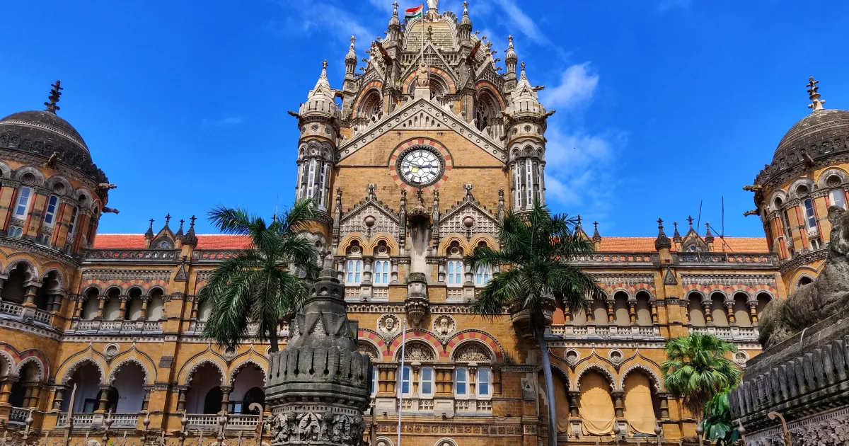 Chhatrapati Shivaji Maharaj Terminus in Mumbai, the headquarters of Central Railway, against a blue sky