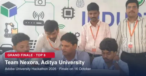 Team Nexora students from Aditya University working on laptops with faculty members standing behind them