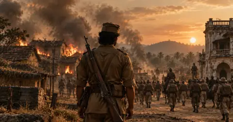 Illustration of a soldier in a 1940s khaki uniform with a rifle, seen from behind, watching a battalion march past a burning village at sunset